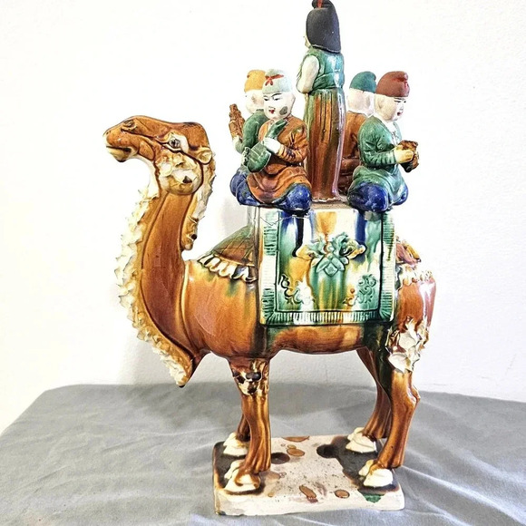 Vtg Chinese Glazed Tang Dynasty Style Pottery Sancai Camel With Musicians 14" - Picture 1 of 12